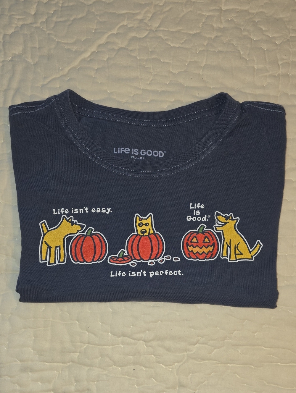 Life Is Good Navy Short Sleeve Tee with Yellow Cats and Orange Pumpkins